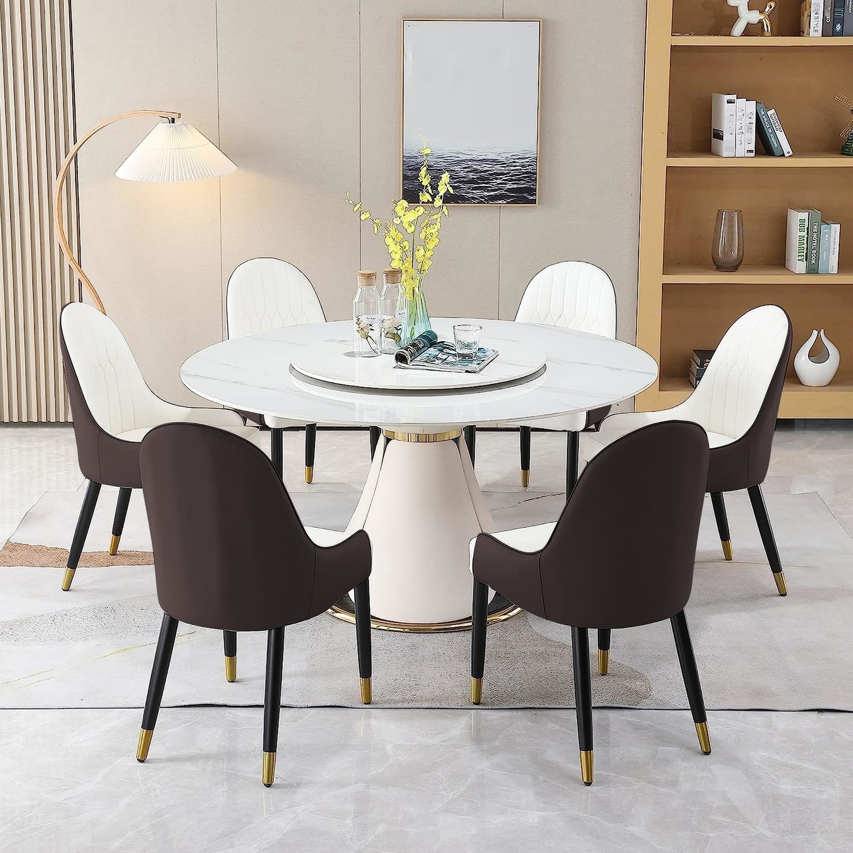 59-Inch Sintered Stone Round Dining Table with 6 Brown Chairs | White ...