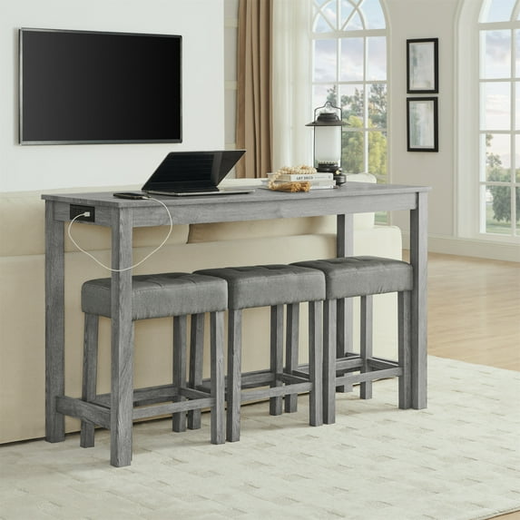 59 Inch Solid Wood Bar Table with Power Outlet, Simple Breakfast Table with 3 Upholstered Stools, 4 Pieces Bar Table and Chairs for Living Room, Dining Room, Lounge and Game Room, Grey