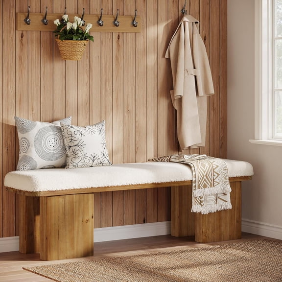 59-Inch Solid Wood Entryway Bench with Upholstered Faux Shearling Cushion, Modern End of Bed Ottoman, White and Brown