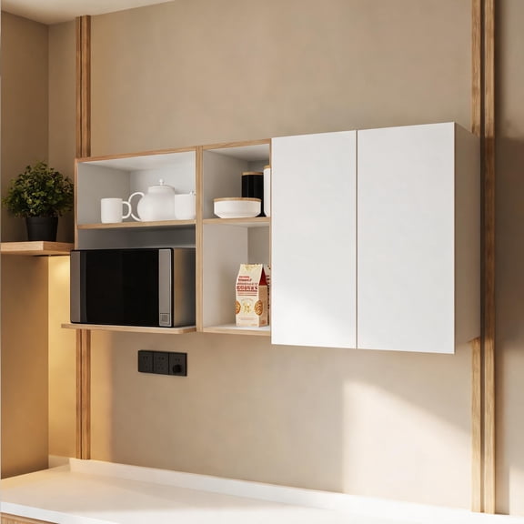 59-Inch Space-Saving Wall-Mounted Kitchen Cabinet with Microwave Compartment, Open Shelves, and Double Doors, White Finish