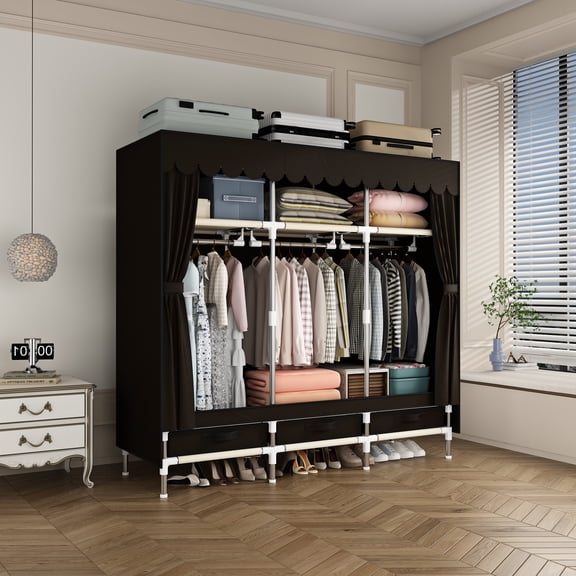 59 Inch Sturdy Portable Wardrobe Closet, Heavy Duty Steel Frame Clothes Organizer with 3 Hanging Rods, 3 Drawers & 3 Storage Spaces, Easy Assembly, Dust Resistant Fabric Storage for Bedroom