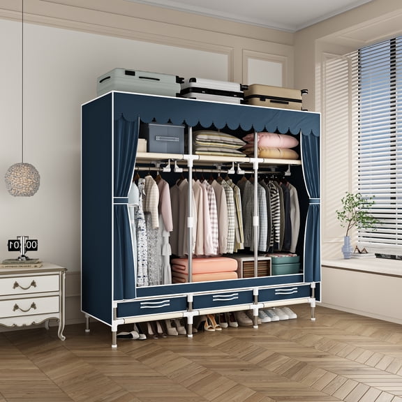 59 Inch Sturdy Portable Wardrobe Closet, Heavy Duty Steel Frame Clothes Organizer with 3 Hanging Rods, 3 Drawers & 3 Storage Spaces, Easy Assembly, Dust Resistant Fabric Storage for Bedroom