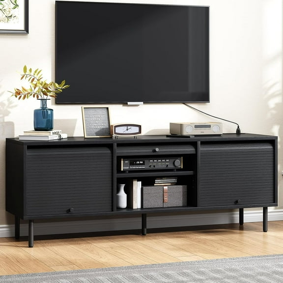 59 Inch TV Stand for TVs up to 65 Inch, Entertainment Center with Power Outlet, Mid-Century Modern TV Console with Storage, Adjustable Shelf & Sliding Doors, TV Stand for Living Room (Black)