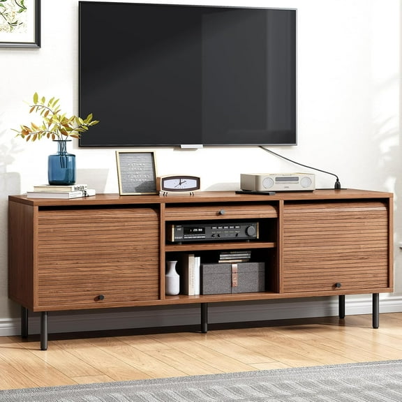 59 Inch TV Stand for TVs up to 65 Inch, Entertainment Center with Power Outlet, Mid-Century Modern TV Console with Storage, Adjustable Shelf & Sliding Doors, TV Stand for Living Room, Walnut