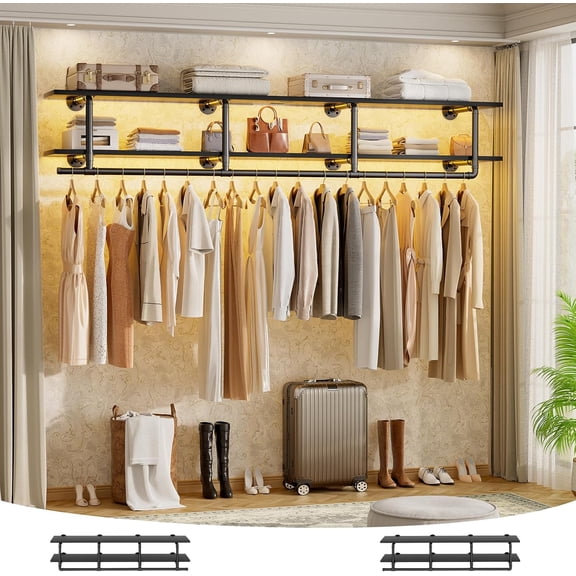 59 Inch Wall Mounted Clothing Rack with Hanging Rod and Shelf, Industrial Pipe Closet System, Space-Saving Garment Rack for Laundry Room, Bedroom, Entryway – Black