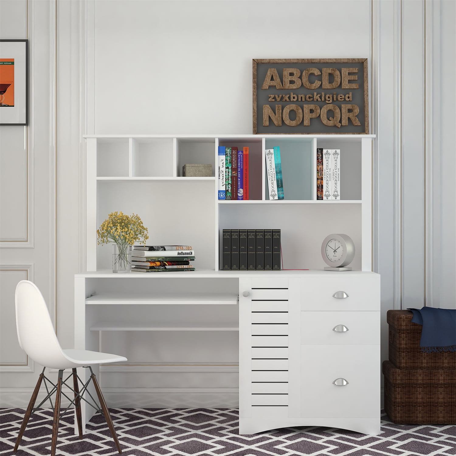 59 Inch Wood Home Office Computer Desk with Hutch, Small Space Computer Workstation, 3 Storage Drawers, 2-tier open shelf, Cable Management Grommets, Space Saving, Antiqued White Finish