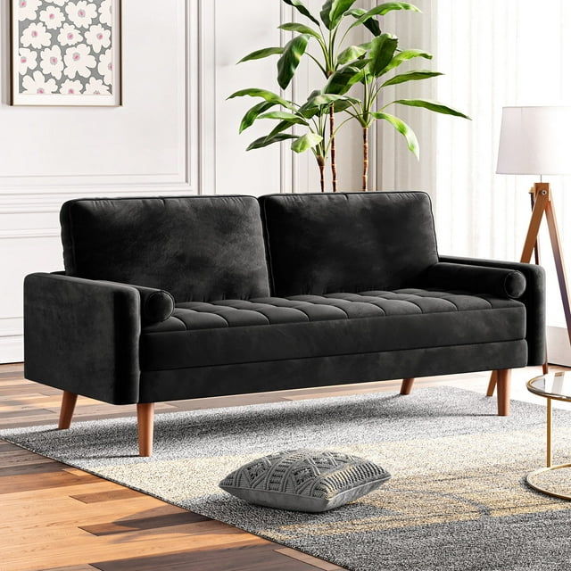 59 Inches Luxury Comfy Velvet Sofa with 2 Pillows, Neche 2 Seater Small ...