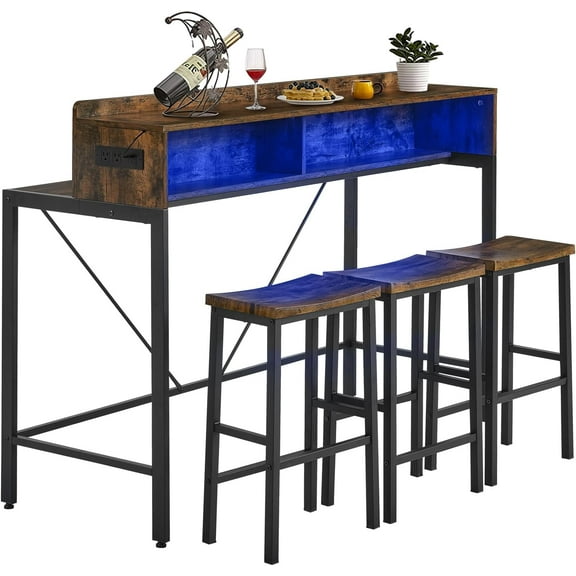 59" Industrial Bar Table and Chair Set, 4-Piece Pub Table Behind Sofa Set with Power Socket & LED Light, Dining Table Set for Breakfast Nook, Living Room, Apartment, Counter Height, Brown
