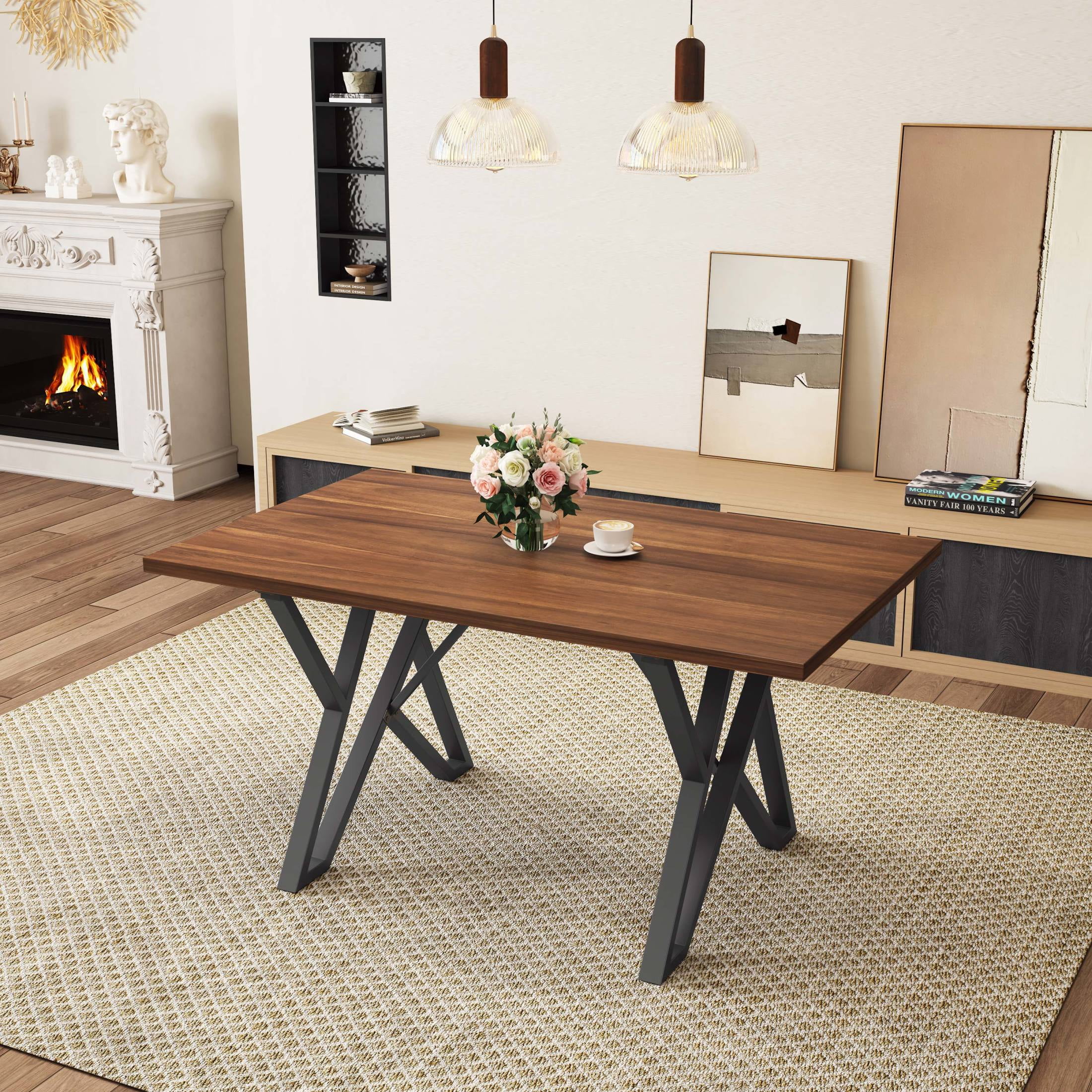 59" Industrial Dining Table with Distressed Wood Top, Angular Metal Base, Walnut+Black