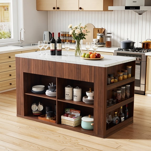 59" Kitchen Islands with Storage and Seating Design, Modern Island Table with 2 Drawer and Open Adjustable Shelves, Marble Veining Design, Walnut