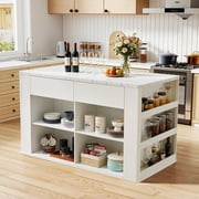 59" Kitchen Islands with Storage and Seating Design, Modern Island Table with 2 Drawer and Open Adjustable Shelves, Marble Veining Design, White