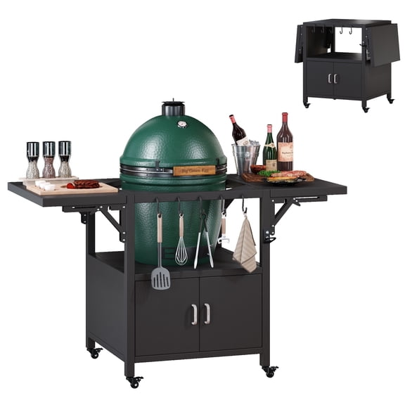59" L Outdoor Grill Table for Big Green Egg Accessories, Heavy Duty Metal Cart Prep Table with Detachable Desktable, Hooks, Removable Central Cover, Compatible with Egg Grill and Tabletop Griddle