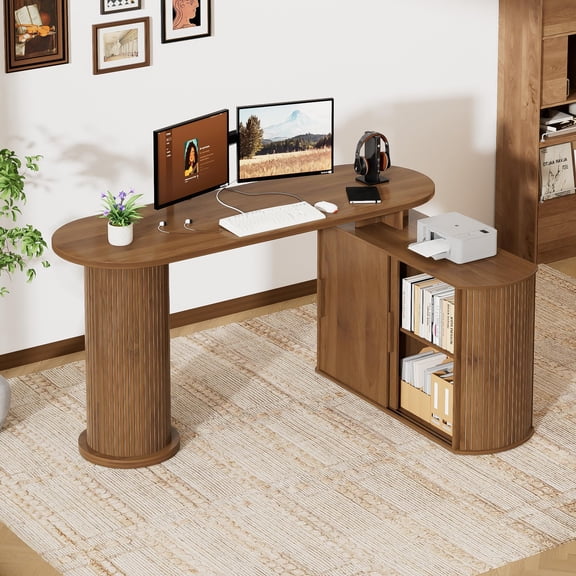 GODPAW 59" L Shaped Computer Desk with Storage Cabinet & Sliding Doors, Reversible Corner, Walnut