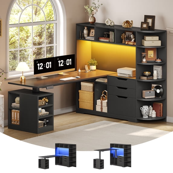 59" L Shaped Standing Desk with 3 Drawers and Open Storage Shelves, Corner Computer Desk with LED Lights for Home Office