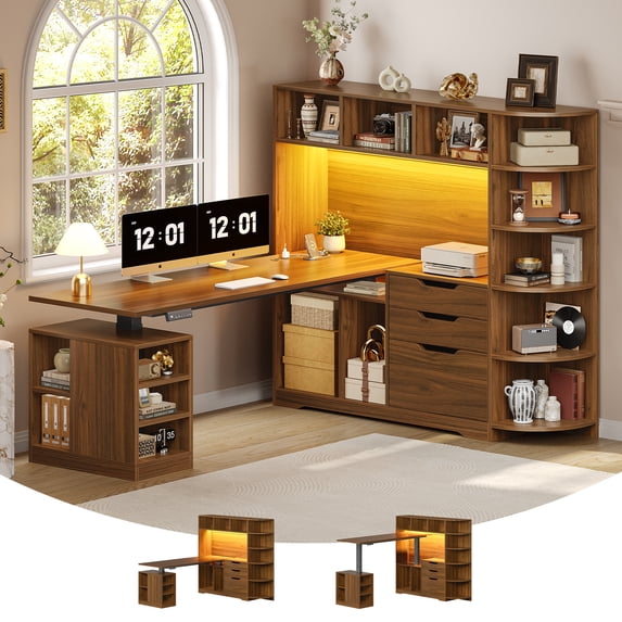 59" L Shaped Standing Desk with 3 Drawers and Open Storage Shelves, Corner Computer Desk with LED Lights for Home Office