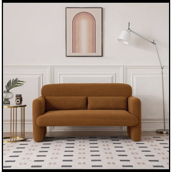 59"Lamb Fleece Fabric Sofa, Modern Loveseat Furniture with Support Pillow for Apartment, Office, Living Room & Bedroom, Tool-Free Assembly.(Dark Orange)