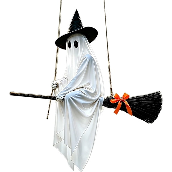 59" Large Hanging Flying Halloween Ghost Decor, Light-Up Witch on Broomstick with Remote Control String Lights for Indoor Outdoor Yard(C)