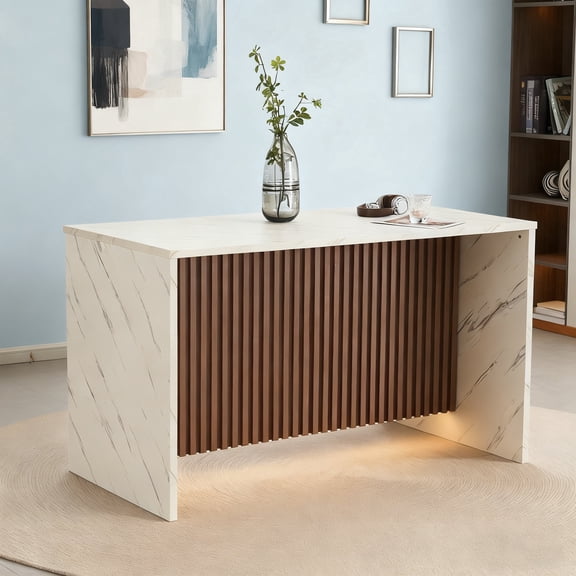 59" Large Imitation Marble Bar Table,Island Table with LED Lights,Mordern Marble Stripes Freestanding Mini Bar with Grille design,Home Bar Unit for Home Kitchen, Living Room, Balcony, Basement,White