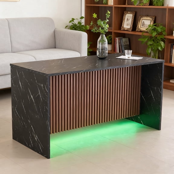 59" Large Imitation Marble Bar Table,Island Table with LED Lights,Mordern Marble Stripes Freestanding Mini Bar with Grille design,Home Bar Unit for Home Kitchen, Living Room, Balcony, Basement,Black