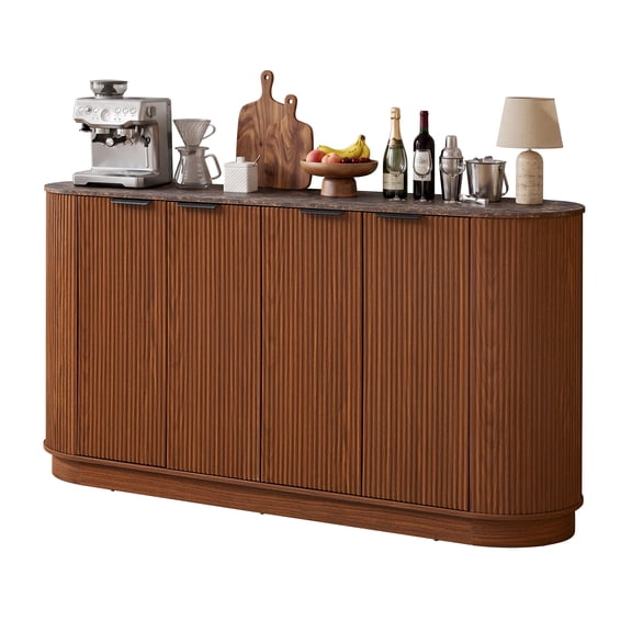 59" Large Sideboard Buffet Cabinet with Faux Marble Top and Fluted Panel Door, Oval Storage Cabinet for Dining Room, Living Room, Kitchen, 6 Compartments with 4 Adjustable Shelves, Walnut