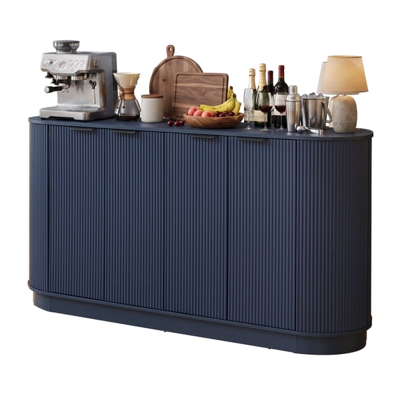 59" Large Sideboard Buffet Cabinet with Faux Marble Top and Fluted Panel Door, Oval Storage Cabinet for Dining Room, Living Room, Kitchen, 6 Compartments with 4 Adjustable Shelves, Blue