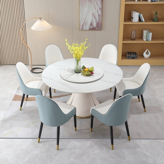 Leavader 59” Round Dining Table Set with 31.5” Turntable, Steel Base, 6 ...