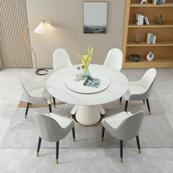 59” Leavader Sintered Stone Round Kitchen Dining Table Set with 31.5” Round Turntable for 6 People with Stainless Steel Base with 6 Chairs