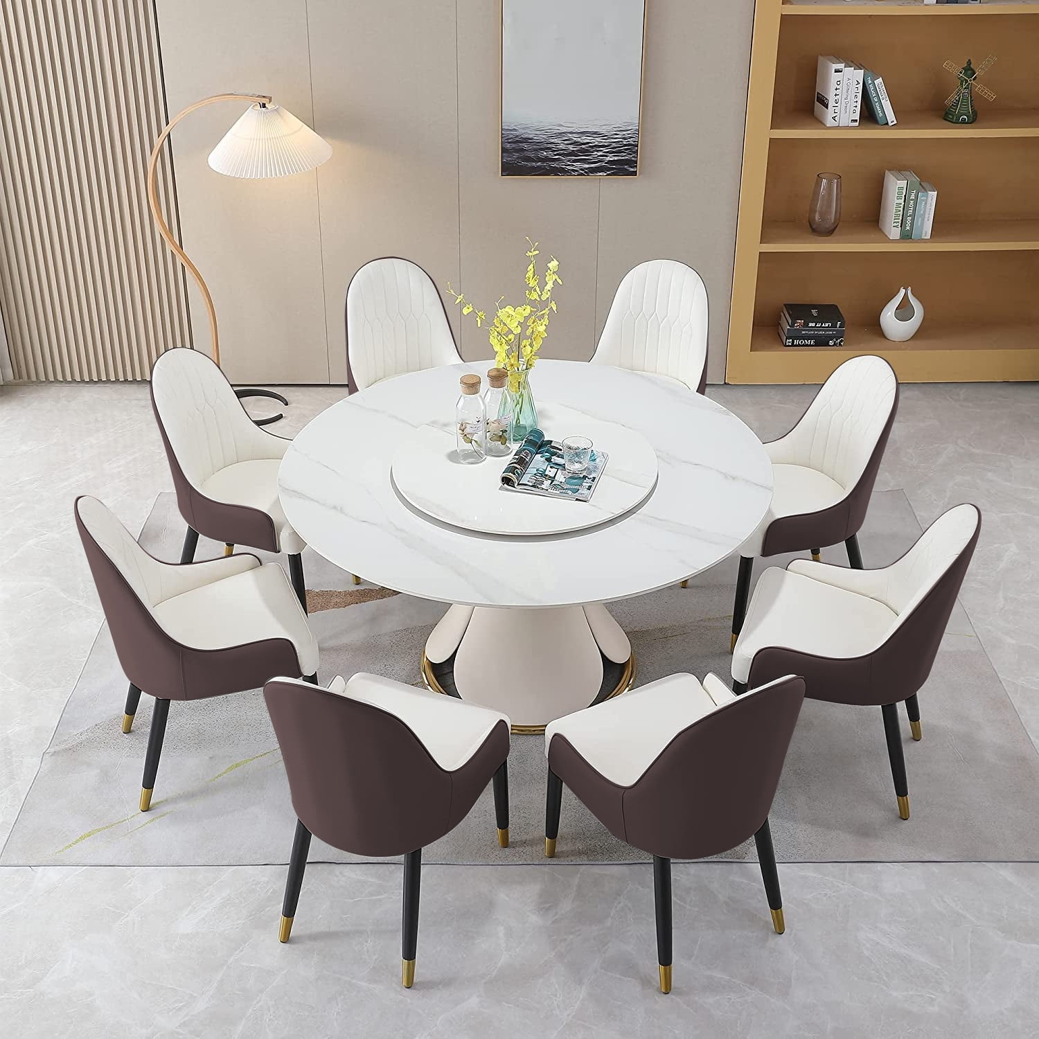 59” Leavader Sintered Stone Round Kitchen Dining Table Set with 31.5 ...