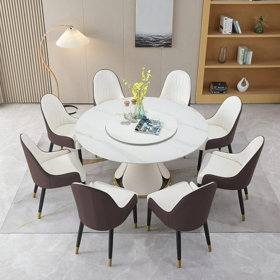 59” Leavader Sintered Stone Round Kitchen Dining Table Set with 31.5” Round Turntable for 6 People with Stainless Steel Base with 8 Brown Chairs