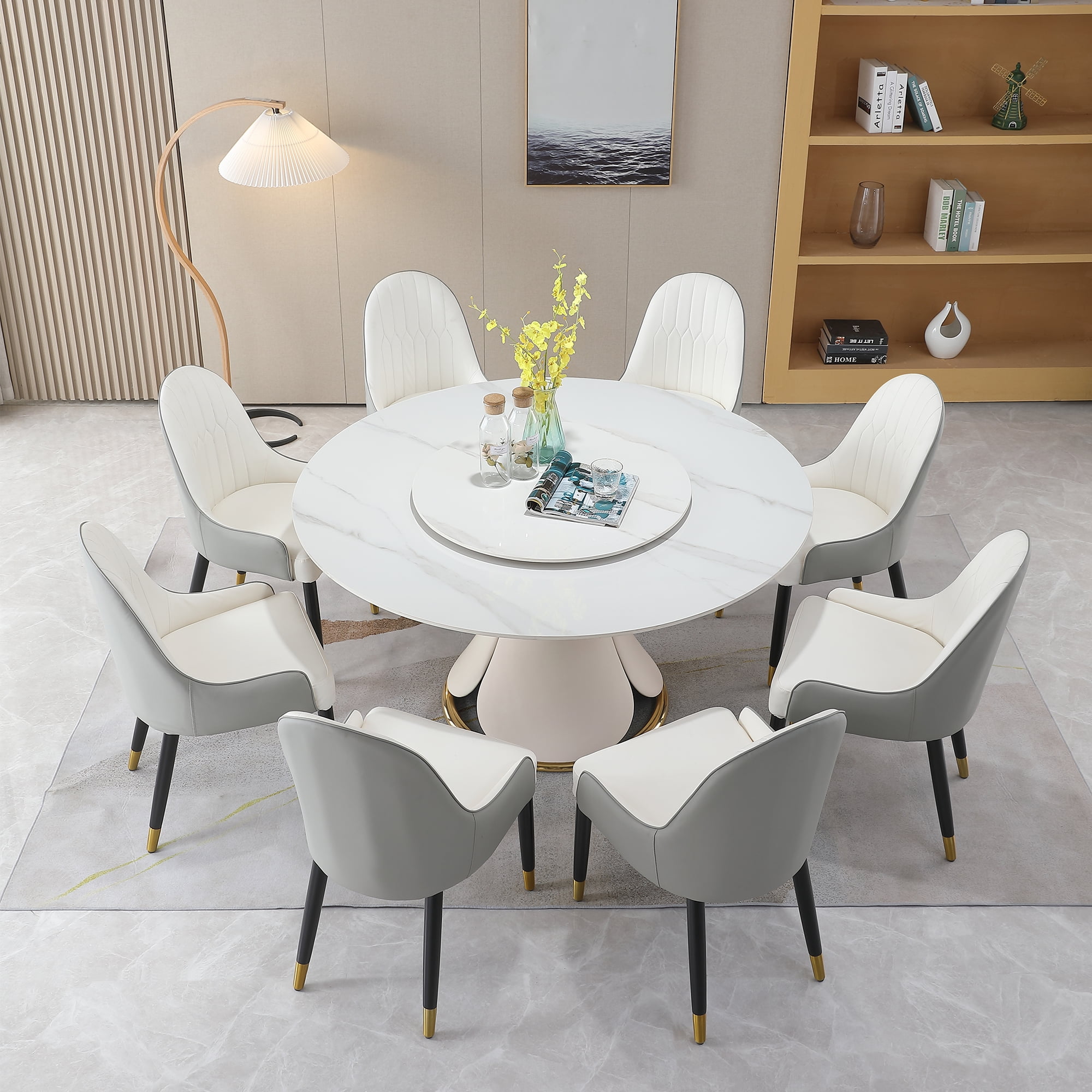 Leavader 59” Sintered Stone Round Dining Table Set with 31.5” Rotating ...