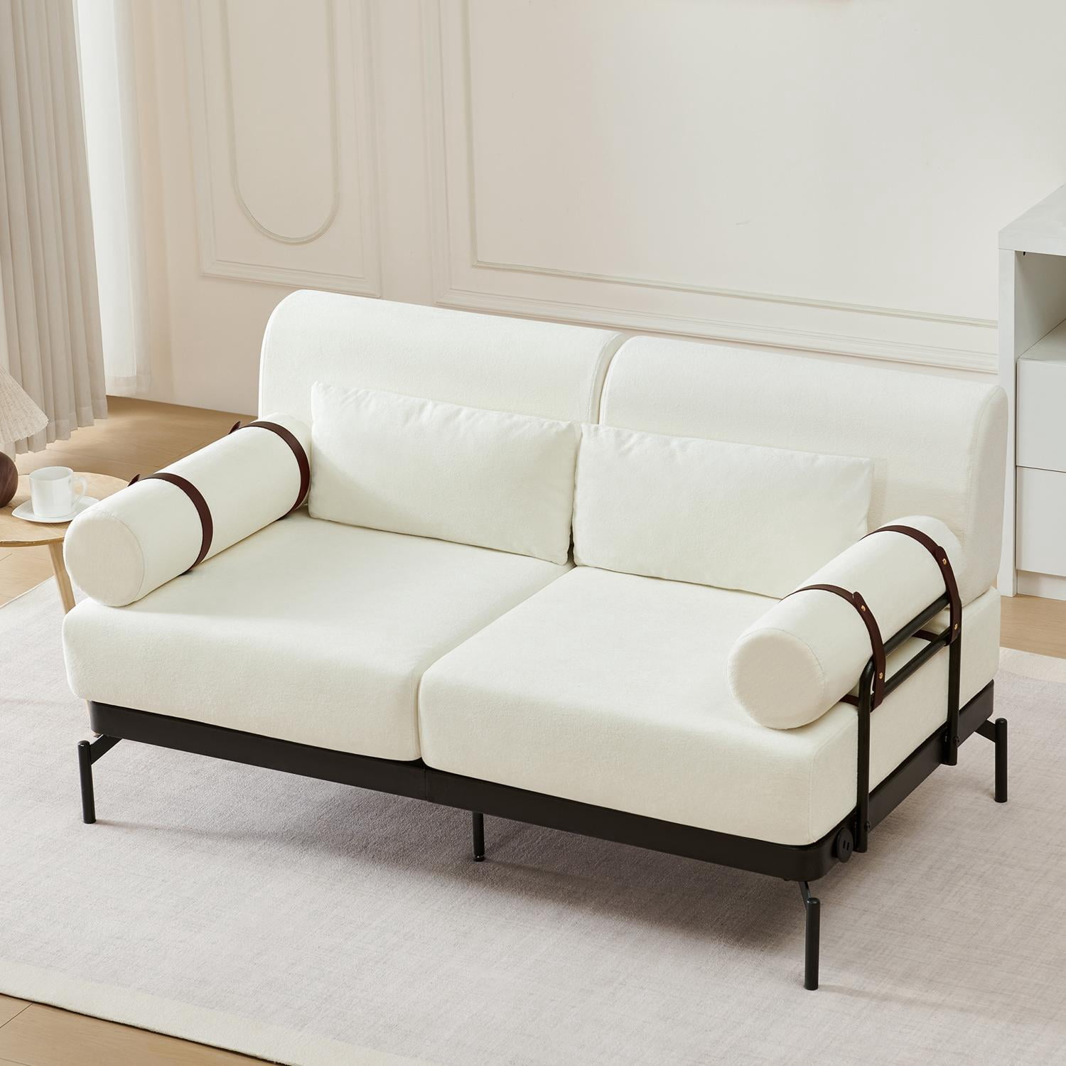 59" Loveseat Sofa with USB Ports,Modern Sofa Couch 2-Seater Sofa with 2 Pillows,Cylindrical Armrests for Living Room Bedroom Apartment,Beige