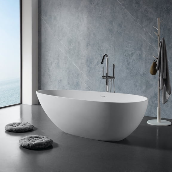 59" Luxury Handcrafted Stone Resin Freestanding Soaking Bathtub with Overflow in Matte White, cUPC Certified - GF-24S02-59MW