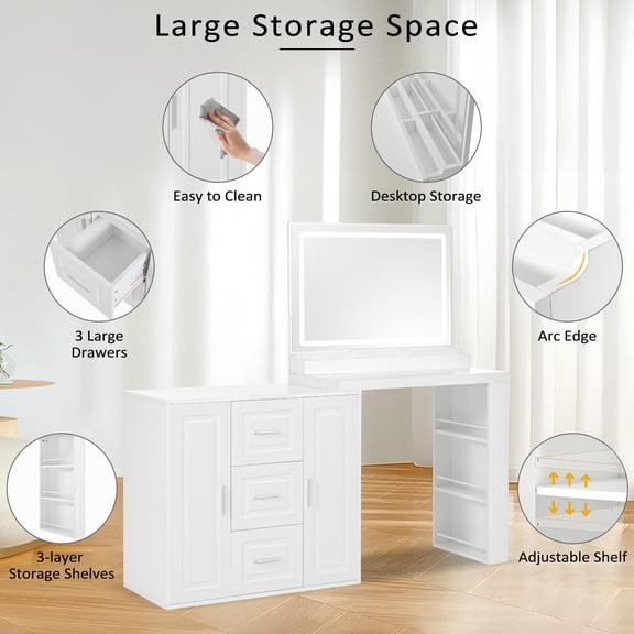 59" Makeup Vanity Desk with Mirror, Vanity Mirror with Lights, Dressing Table with 3 Drawers and 2 Cabinets, Vanity Table with Storage Shelves for Bedroom, White