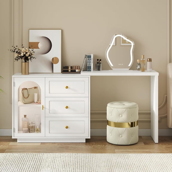 59” Makeup Vanity Desk, White Vanity Dresser Combo, Modern Dressing Table with 3 Drawer & 1 Door, Vanity for Bedroom, L Sharped Corner Table for Working, Drawing, Nail Care (Without Mirror)