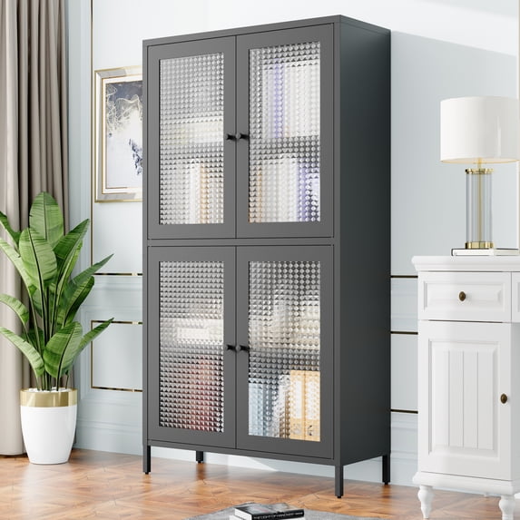 59" Metal Storage Cabinet Display Cabinet with 4 Glass Doors & 4 Shelves,Cabinet Bookcase Side Cabinet for Home Office Living Room,Black 01