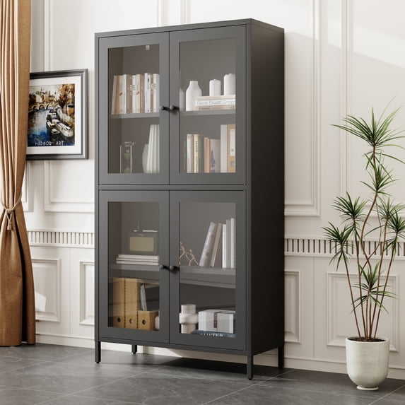 59" Metal Storage Cabinet Display Cabinet with 4 Glass Doors & 4 Shelves,Cabinet Bookcase Side Cabinet for Home Office Living Room,Black 01