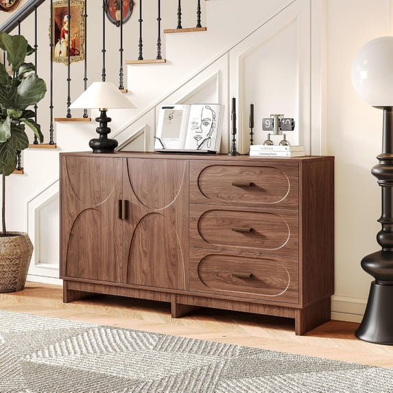 59" Mid Century Modern Buffet Cabinet with Storage, Walnut Sideboard Credenza with 3 Drawers and Adjustable Shelf for Dining Room