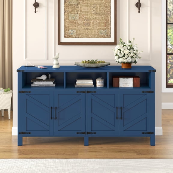 59'' Modern 4-Door Sideboard Buffet with Power Outlets, Kitchen Storage Cabinet with Adjustable Shelves and Half-Open Storage Cabinet, for Living Room, Dining Room, Entryway, Navy Blue