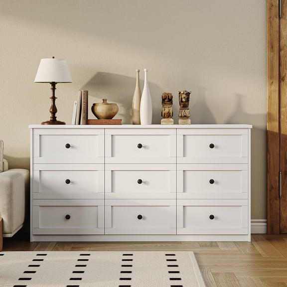 59" Modern 9 Drawer Double Dresser for Bedroom with Black Knobs, Adults & Kids Wide Dressers & Chests of Drawers for Living Room,White