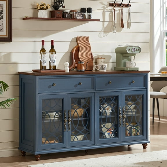 59" Modern Buffet Cabinet with 2 Drawers and 4 Glass Doors, Large Sideboard Kitchen Storage Cabinets Coffee Bar Cabinet for Living Room Dining Room, Blue