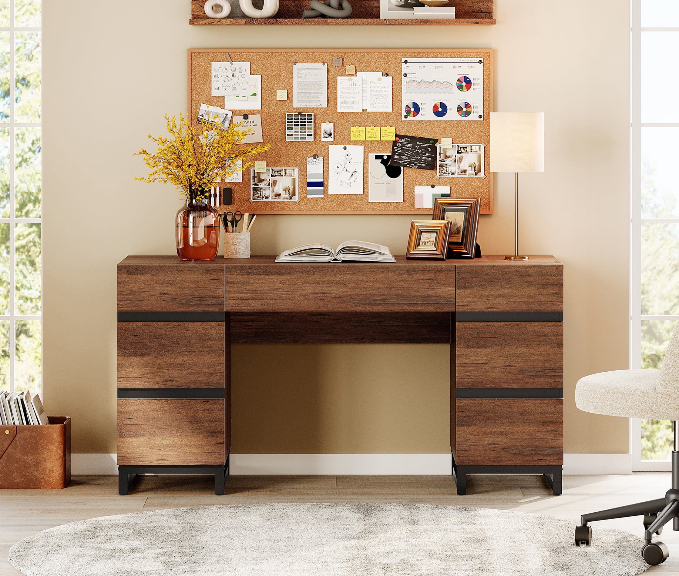 59" Modern Executive Desk with 7 Drawers, Wood Computer Desk with Built-in Charging Station,Rustic Brown Study Table for Home Office, Bedroom & Living Room