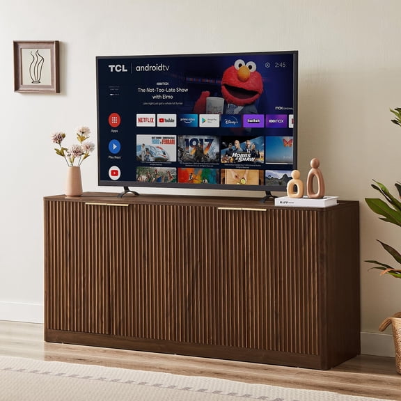 59" Modern Fluted Sideboard Buffet Cabinet - 4-Door Storage Credenza with Mid-Century Design for Living Room, Kitchen & Dining Room in Walnut