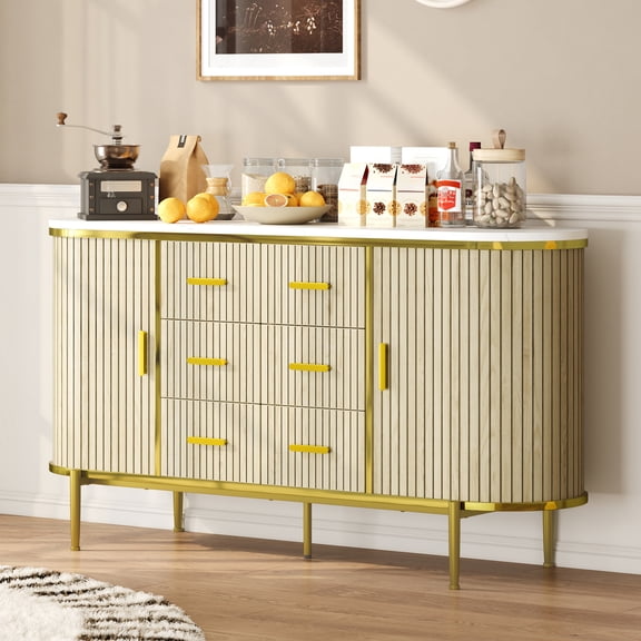 59" Modern Fluted Sideboard Buffet Cabinet with Faux Marble Top, Record Player Stand Storage Cabinet with 2 Doors & 6 Drawers, Coffee Bar Console Table for Dining Room, Living Room, Kitchen