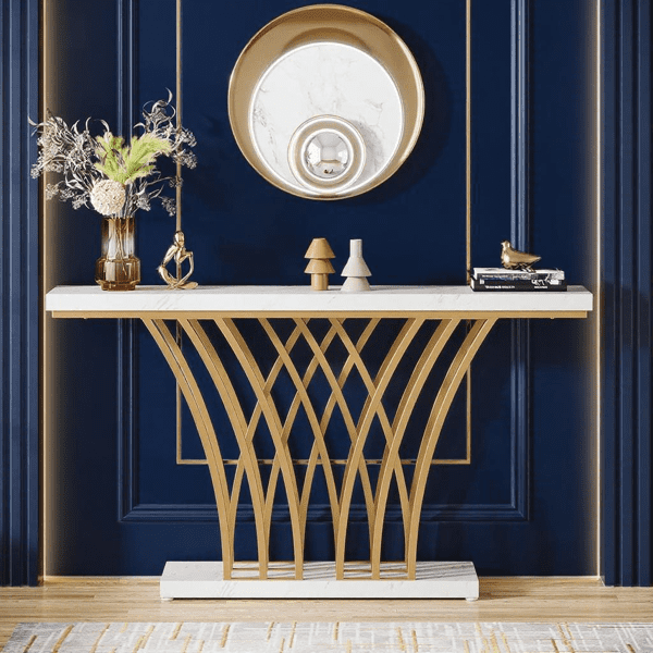 59" Modern Gold Console Table - Faux Marble Veneer with Geometric Metal Base, 1.97" Thick MDF Top, 450lb Capacity for Entryway, Living Room & Hallway