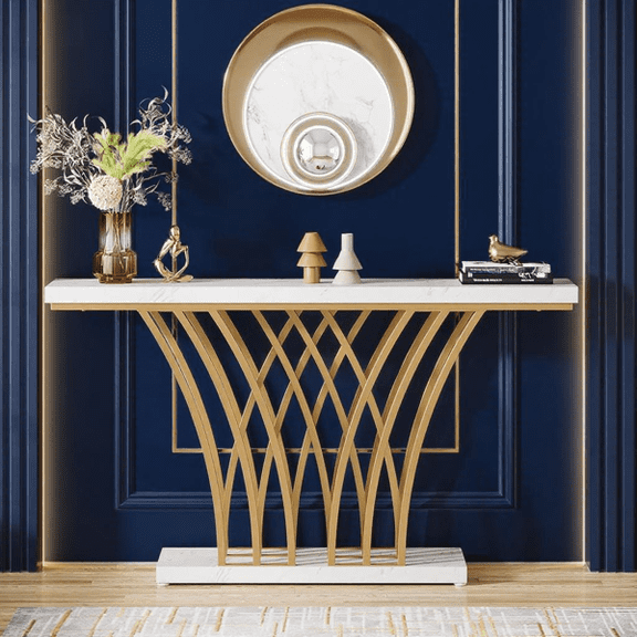 59" Modern Gold Console Table - Faux Marble Veneer with Geometric Metal Base, 1.97" Thick MDF Top, 450lb Capacity for Entryway, Living Room & Hallway