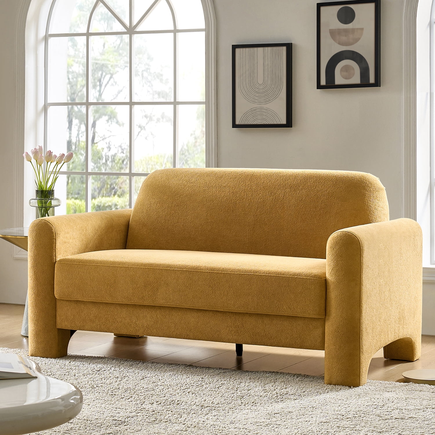 59" Modern Loveseat Sofa Chenille Fabric 2-Seater Couch with Curved Design for Small Space Living Room Camel