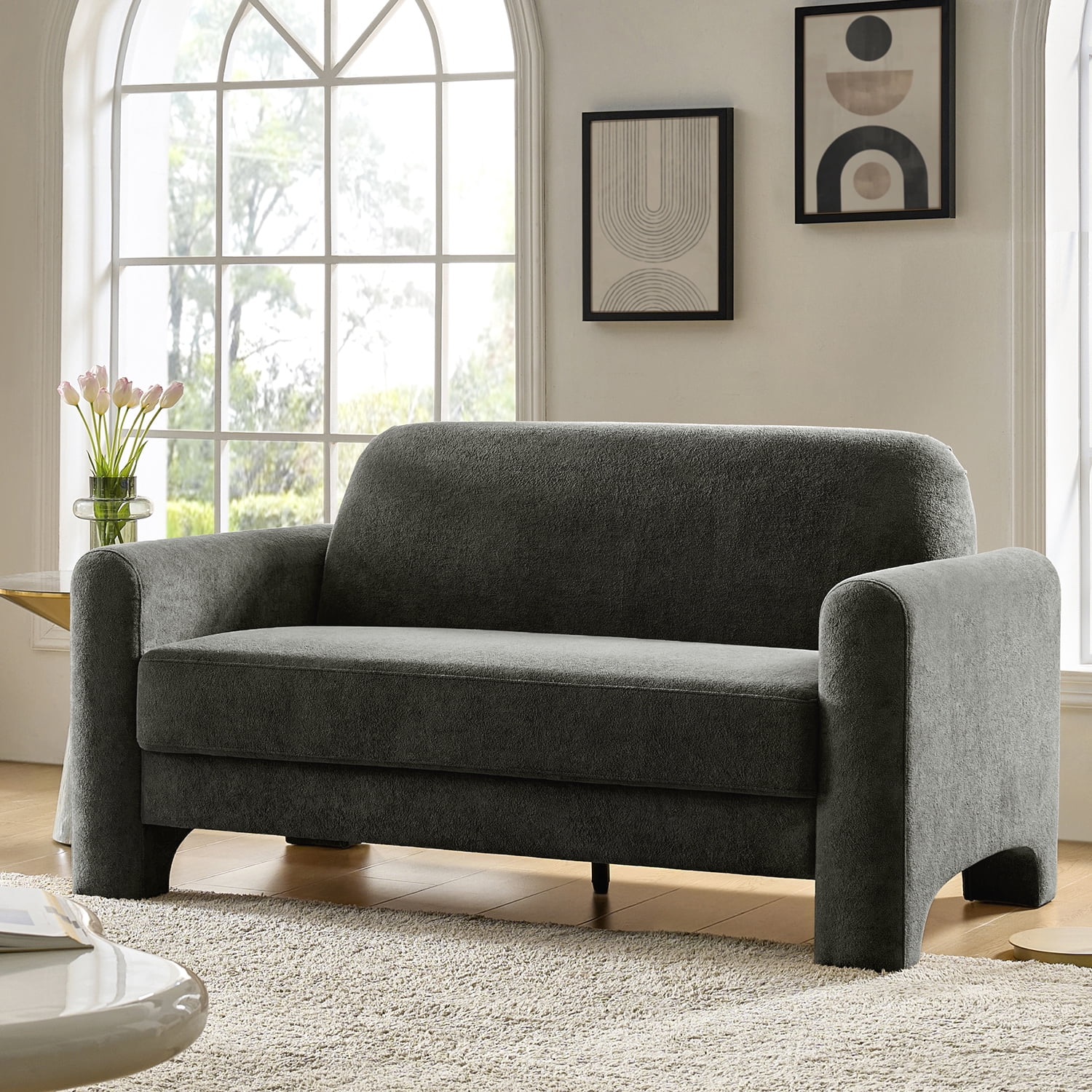 59" Modern Loveseat Sofa Chenille Fabric 2-Seater Couch with Curved Design for Small Space Living Room Gray