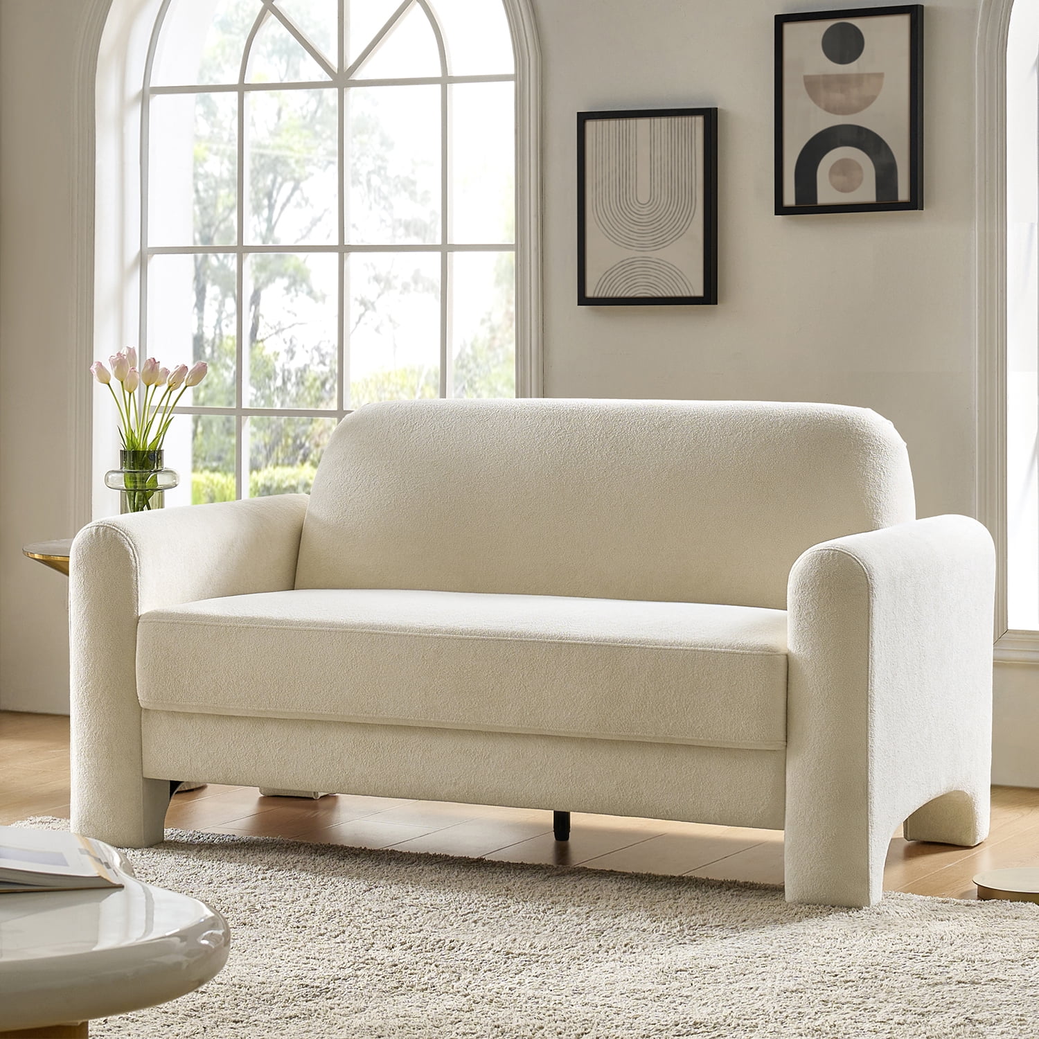 59" Modern Loveseat Sofa Chenille Fabric 2-Seater Couch with Curved Design for Small Space Living Room Ivory
