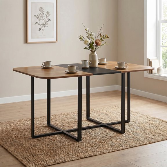 59" Modern MDF Dining Table with Black & Wood-Pattern Tabletop and Black Metal Frame, for Kitchen, Dining Room
