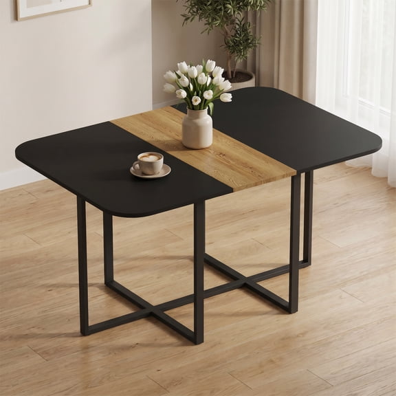 59" Modern MDF Dining Table with Matte Black & Wood Grain Tabletop and Black Metal Frame, for Kitchen, Dining Room